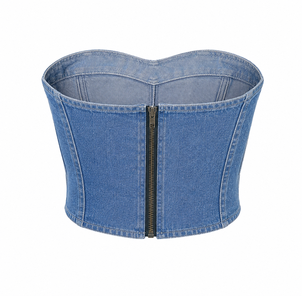 Wiem Denim corset top on white backdrop