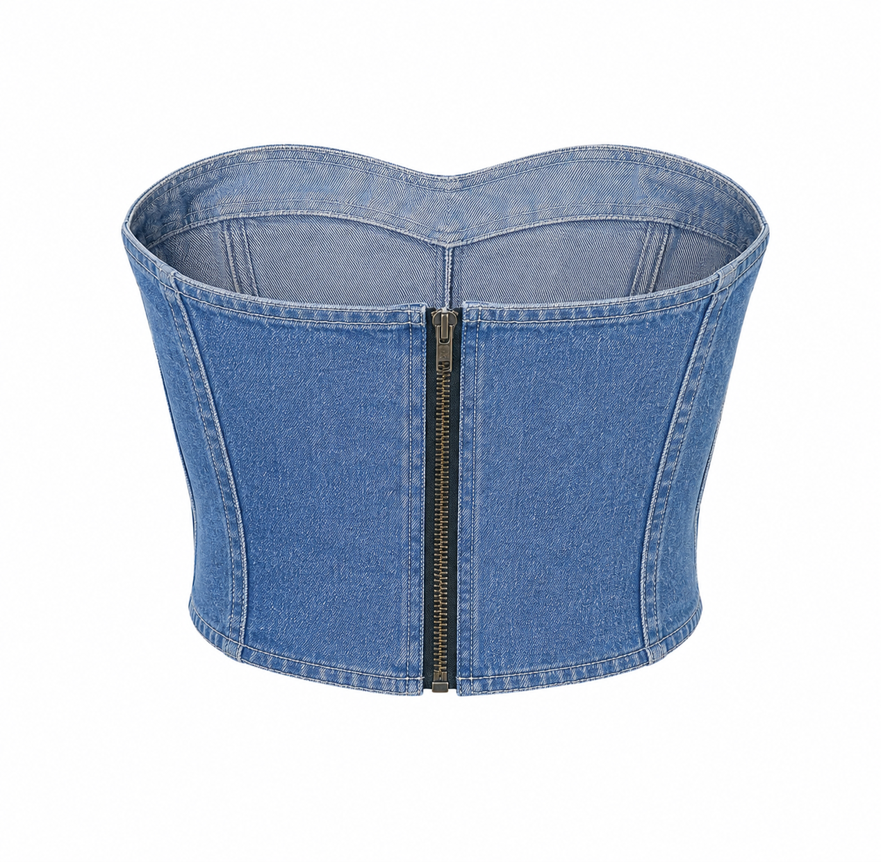 Wiem Denim corset top on white backdrop