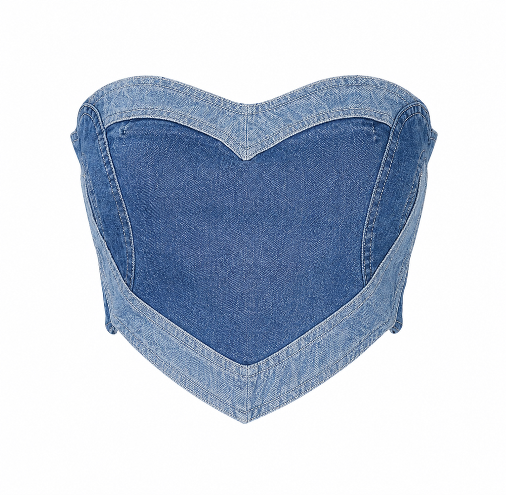 Wiem Denim corset top on white backdrop