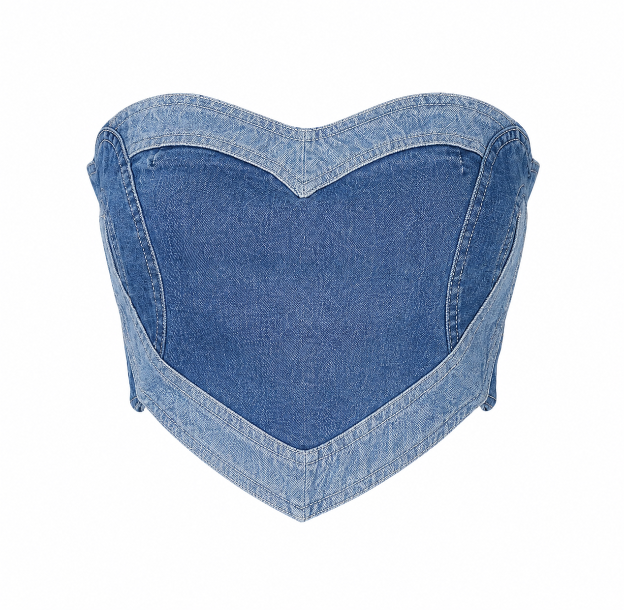 Wiem Denim corset top on white backdrop