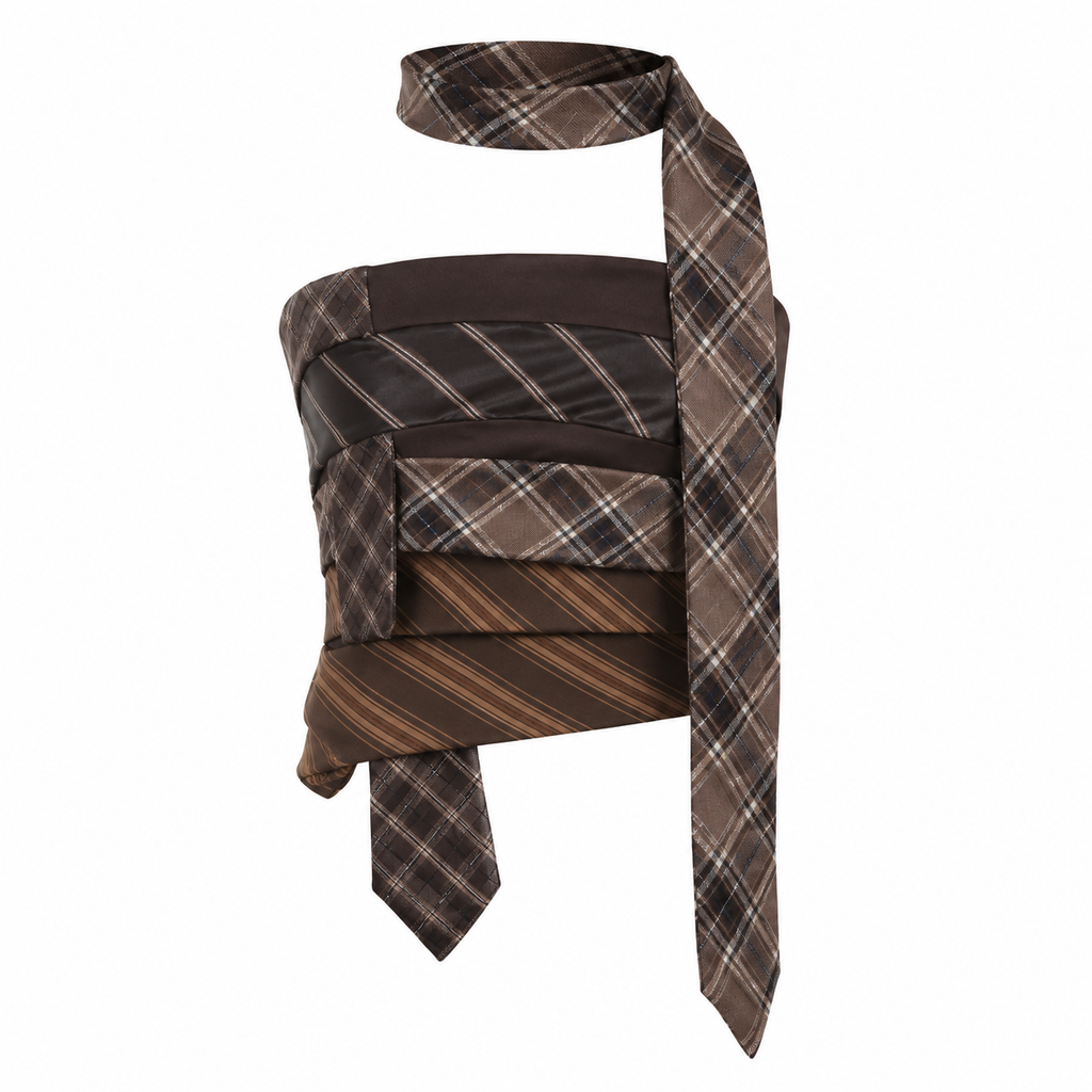 Amira Brown plaid strapless top with scarf