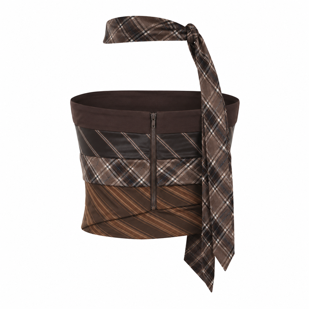 Amira Brown plaid strapless top with scarf