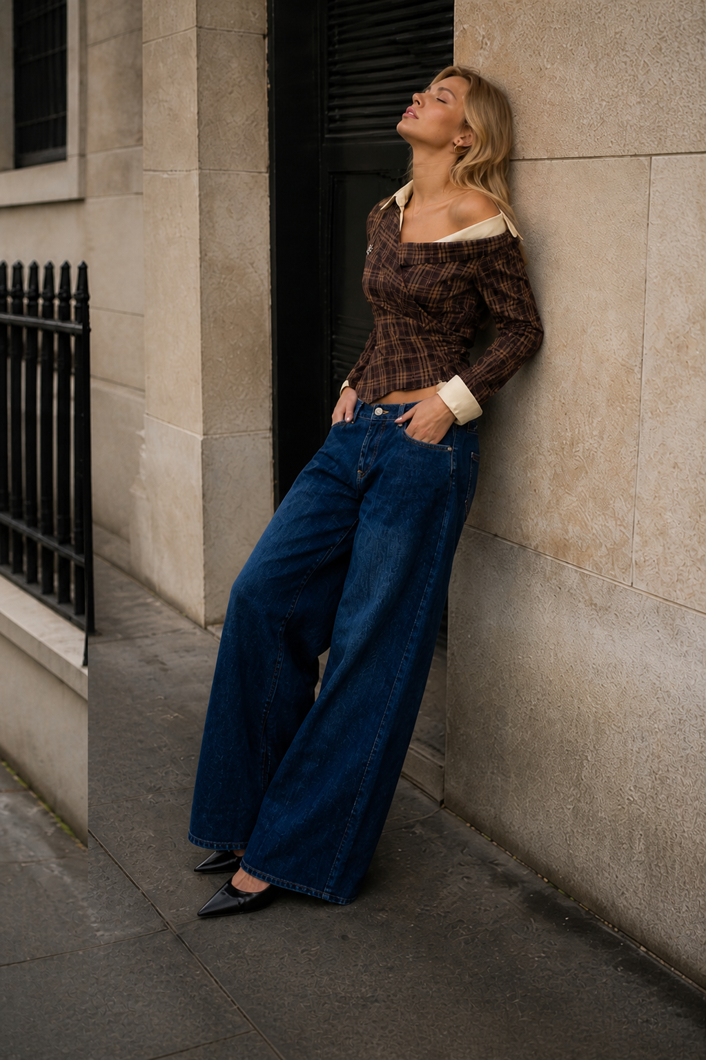 Brown Plaid Asymmetrical Off-Shoulder Top
