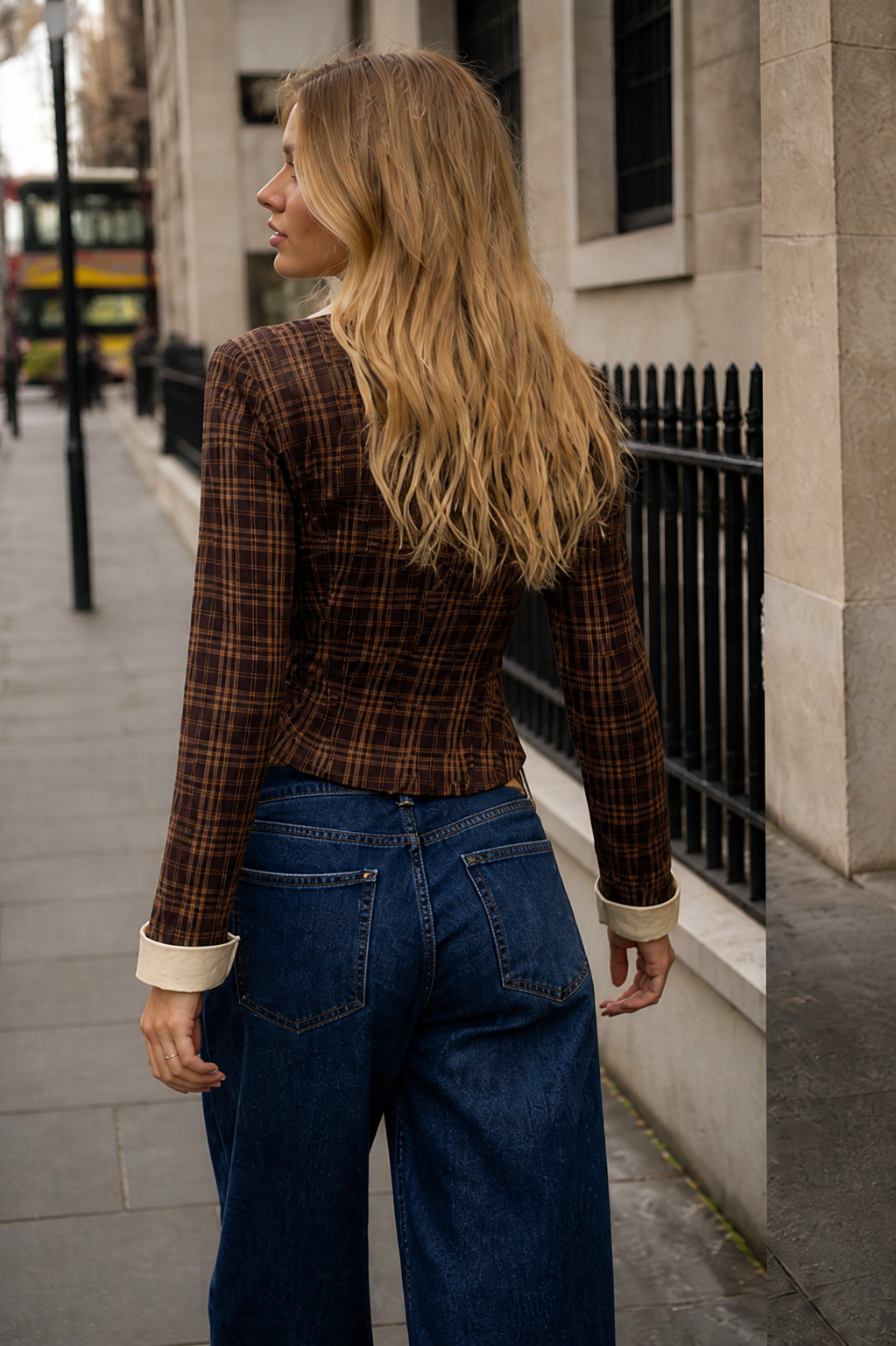 Brown Plaid Asymmetrical Off-Shoulder Top