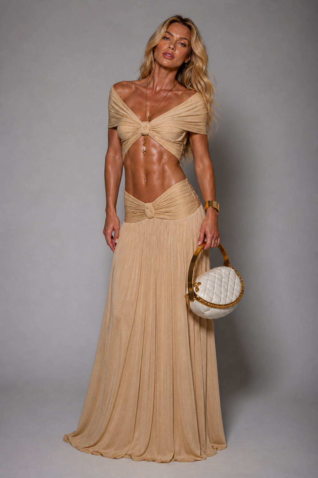 Elegant Beige Off-Shoulder Two Piece Maxi Dress