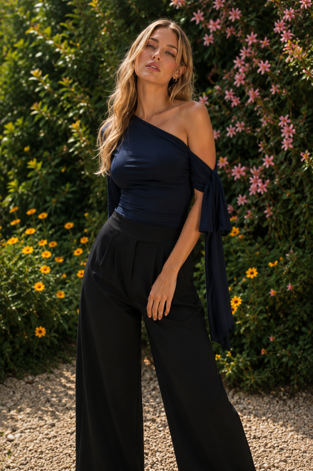 Donia Asymmetrical navy blue one-shoulder top