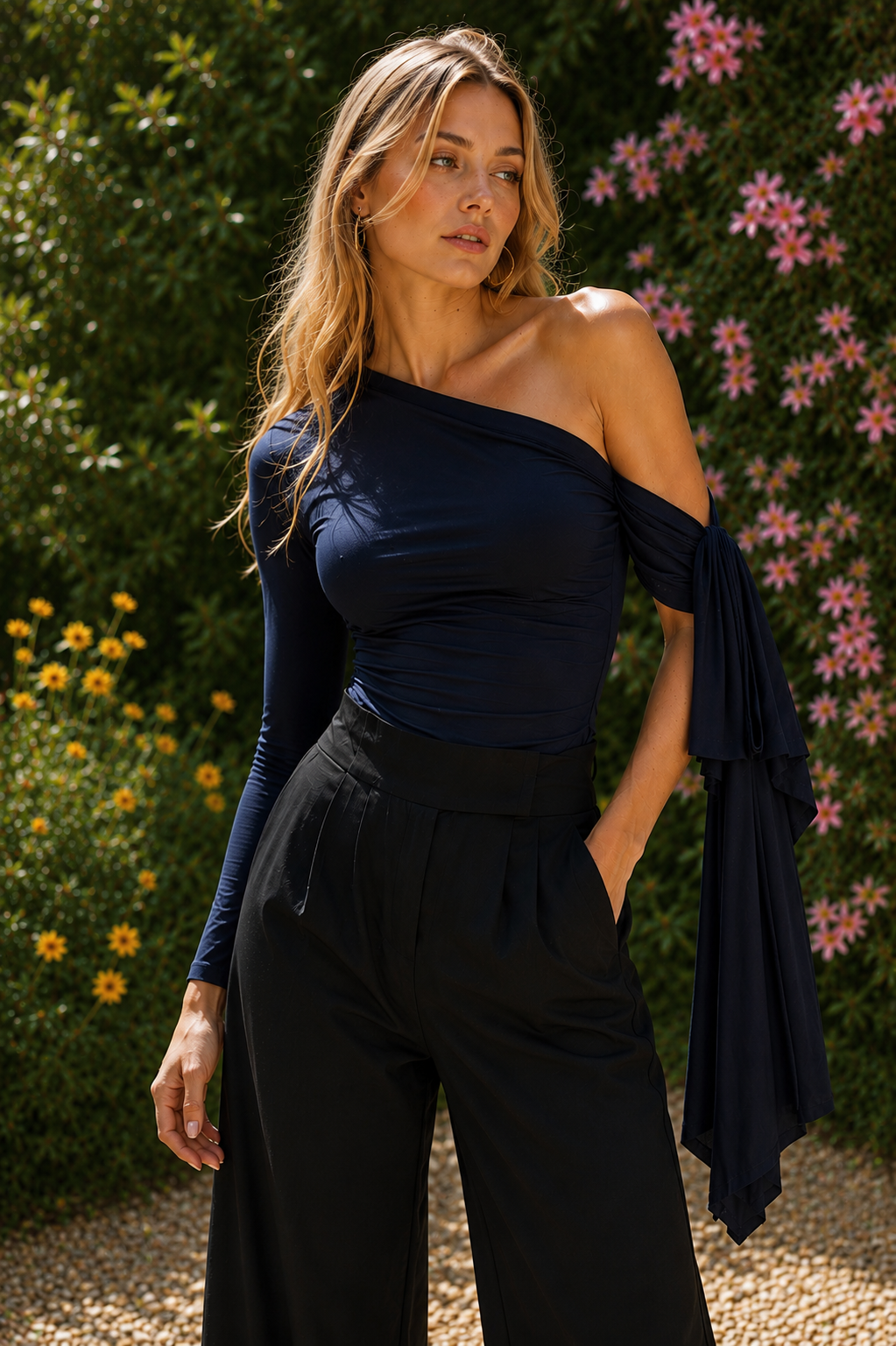 Donia Asymmetrical navy blue one-shoulder top