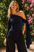Donia Asymmetrical navy blue one-shoulder top