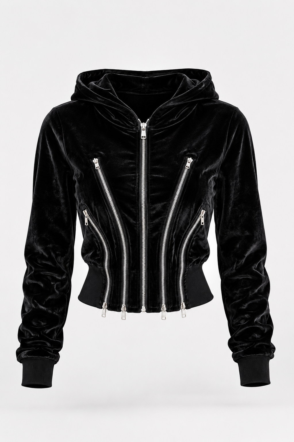 Kira Black velvet hoodie with silver zippers