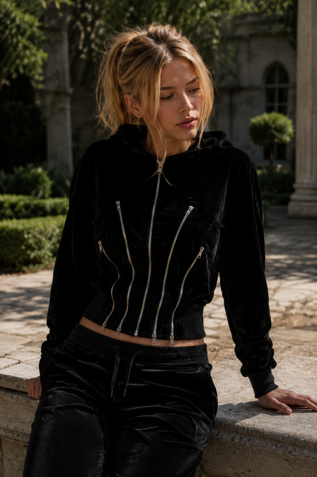 Kira Black velvet hoodie with silver zippers