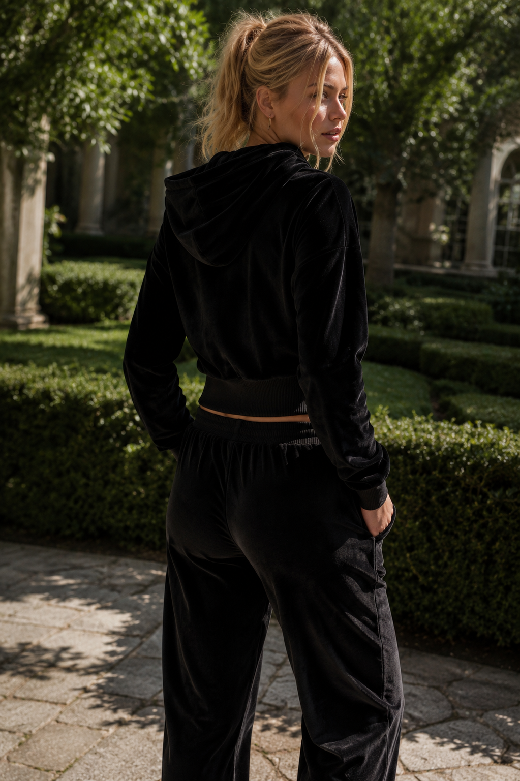 Kira Black velvet hoodie with silver zippers