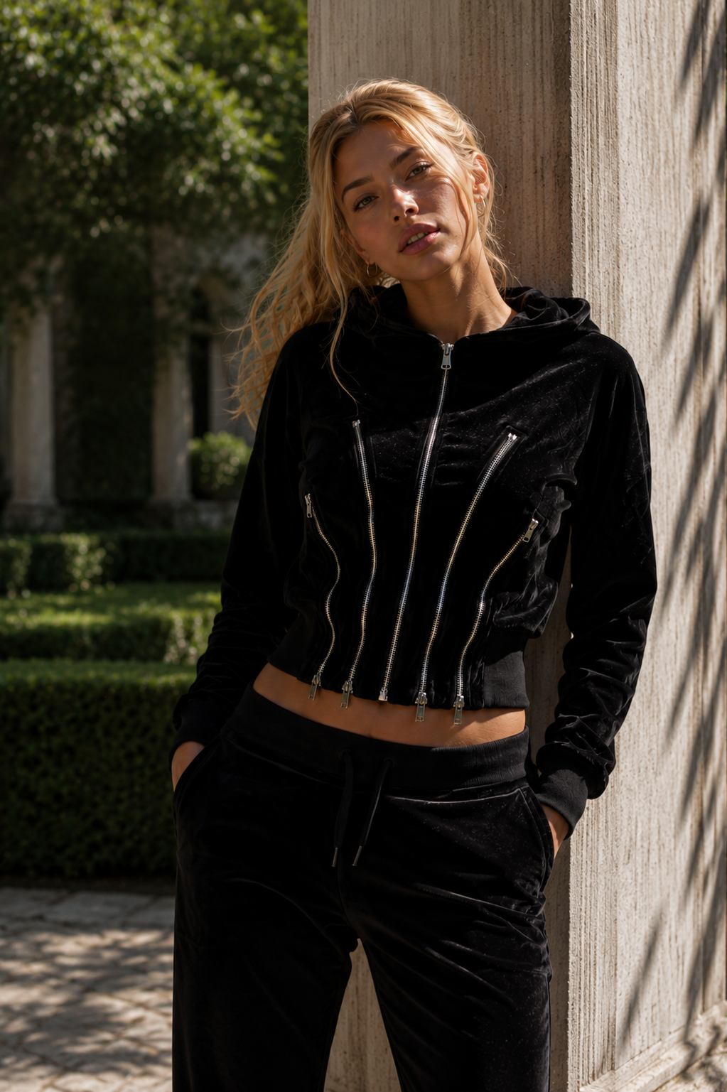 Kira Black velvet hoodie with silver zippers