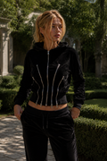 Kira Black velvet hoodie with silver zippers