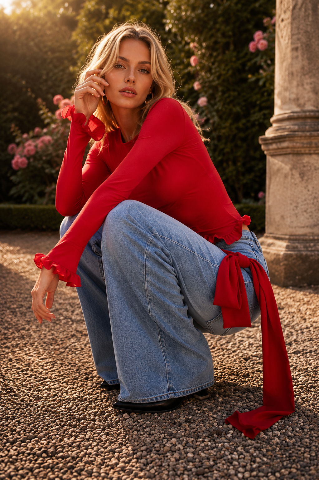 Mira Red long sleeve top with ruffled edges