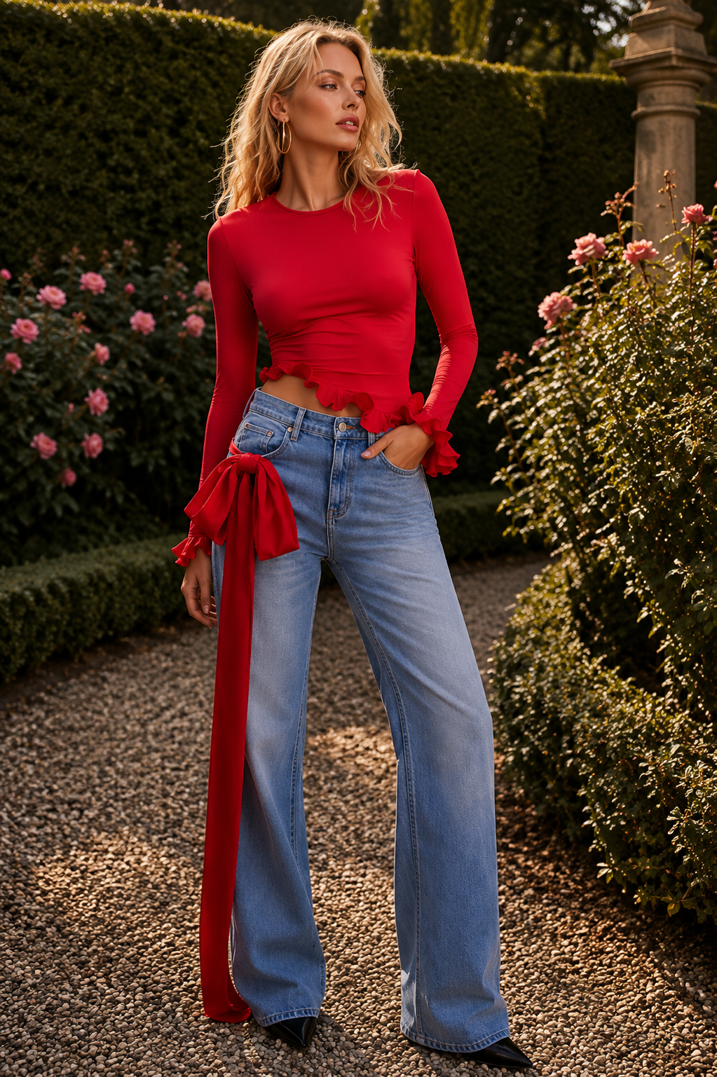 Mira Red long sleeve top with ruffled edges