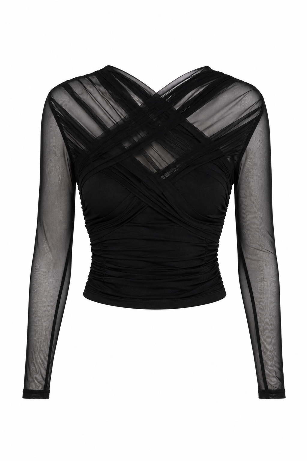 Olga Black ruched mesh long-sleeve top