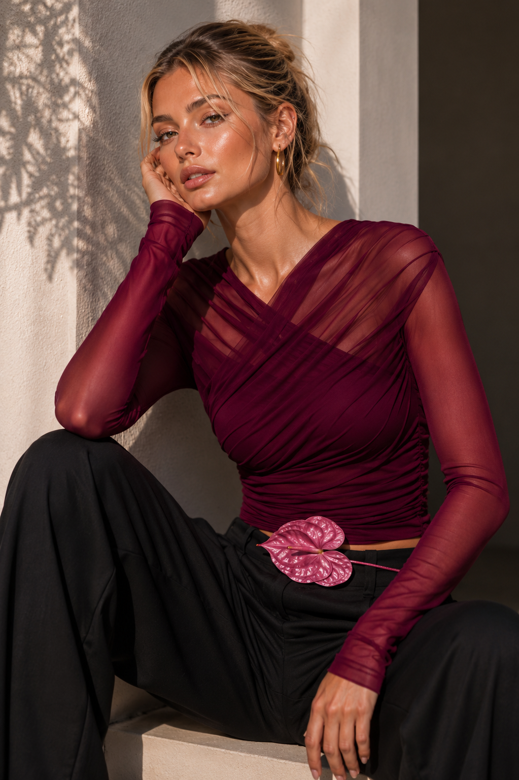 Olga Elegant burgundy ruched long-sleeve top