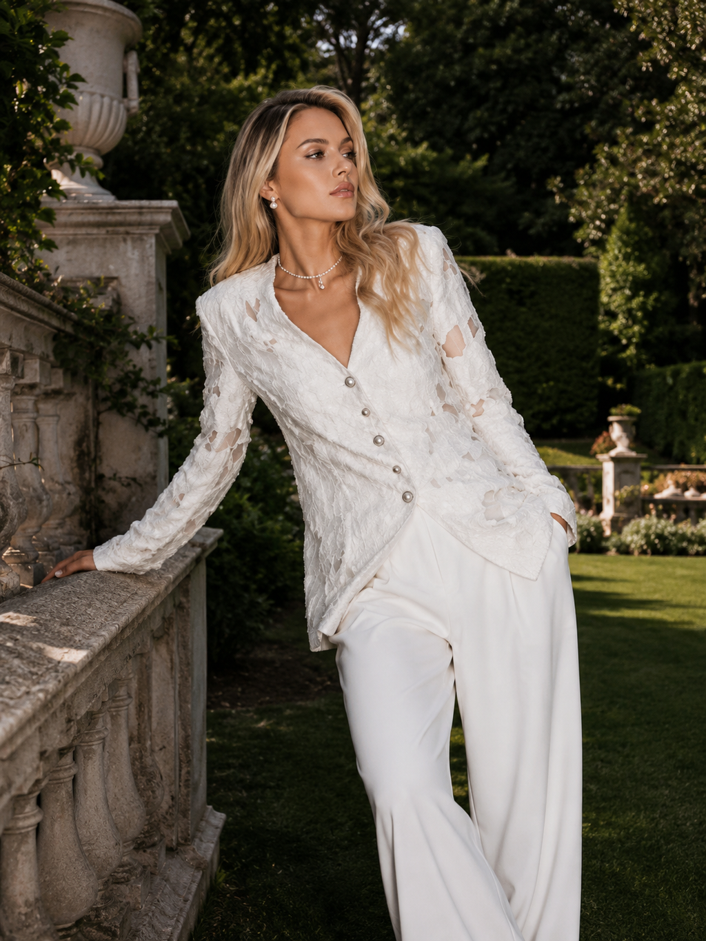 Malika White lace blazer on white backdrop
