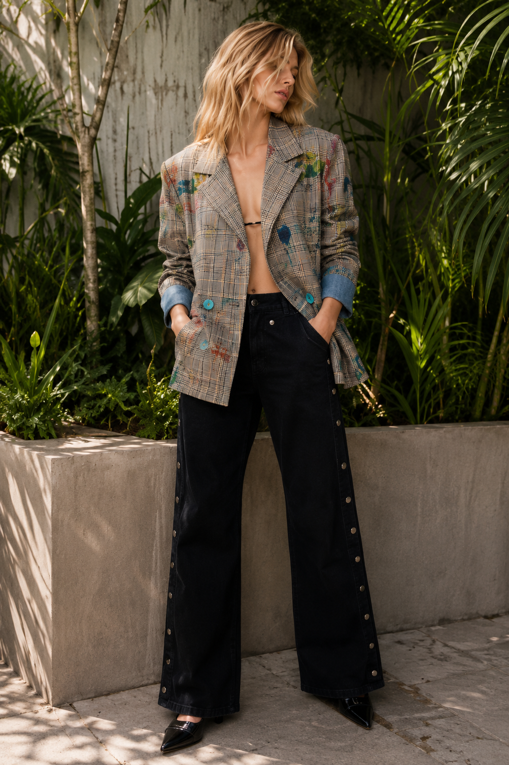 Kira Plaid blazer with playful doodles