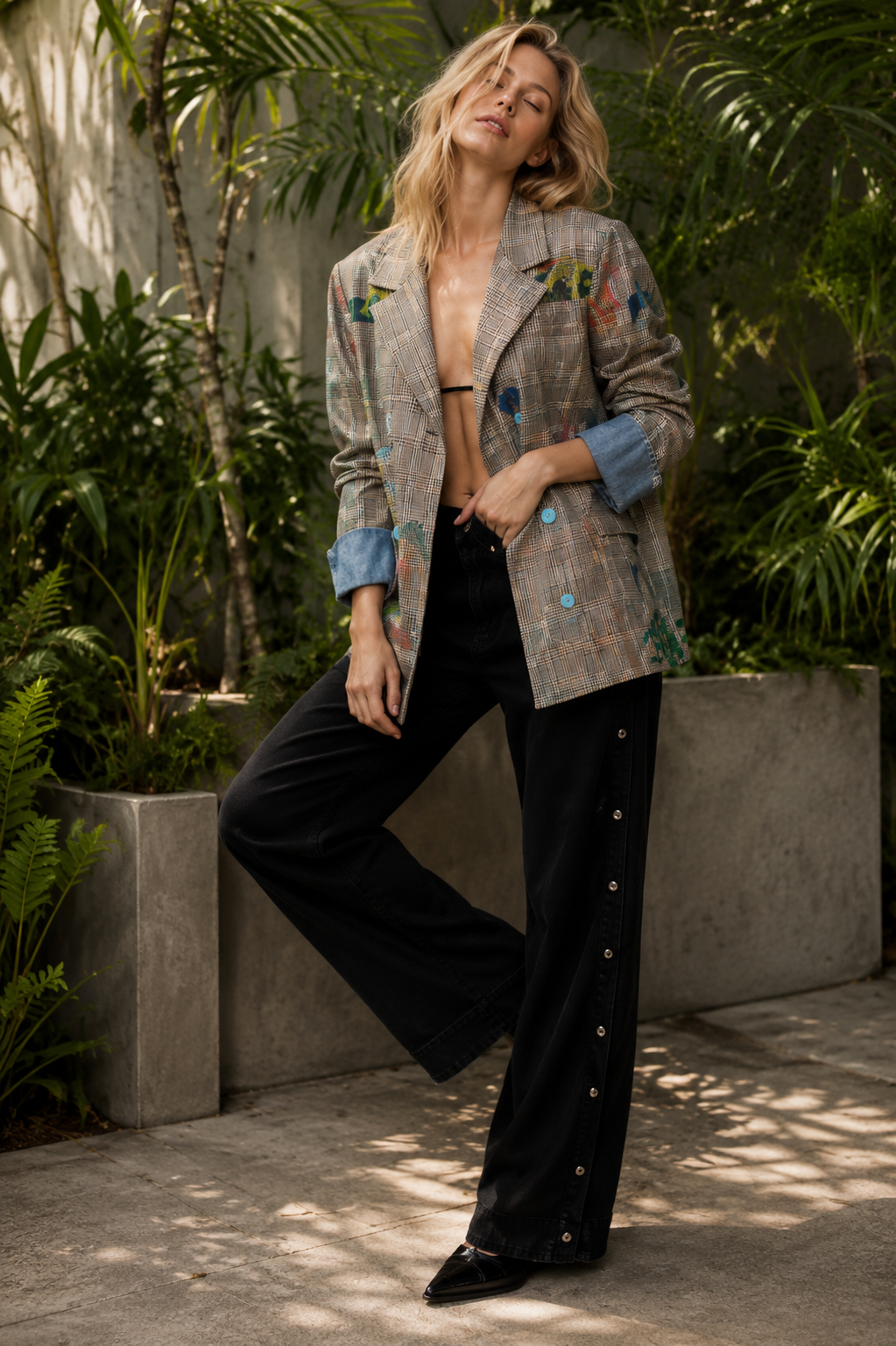 Kira Plaid blazer with playful doodles