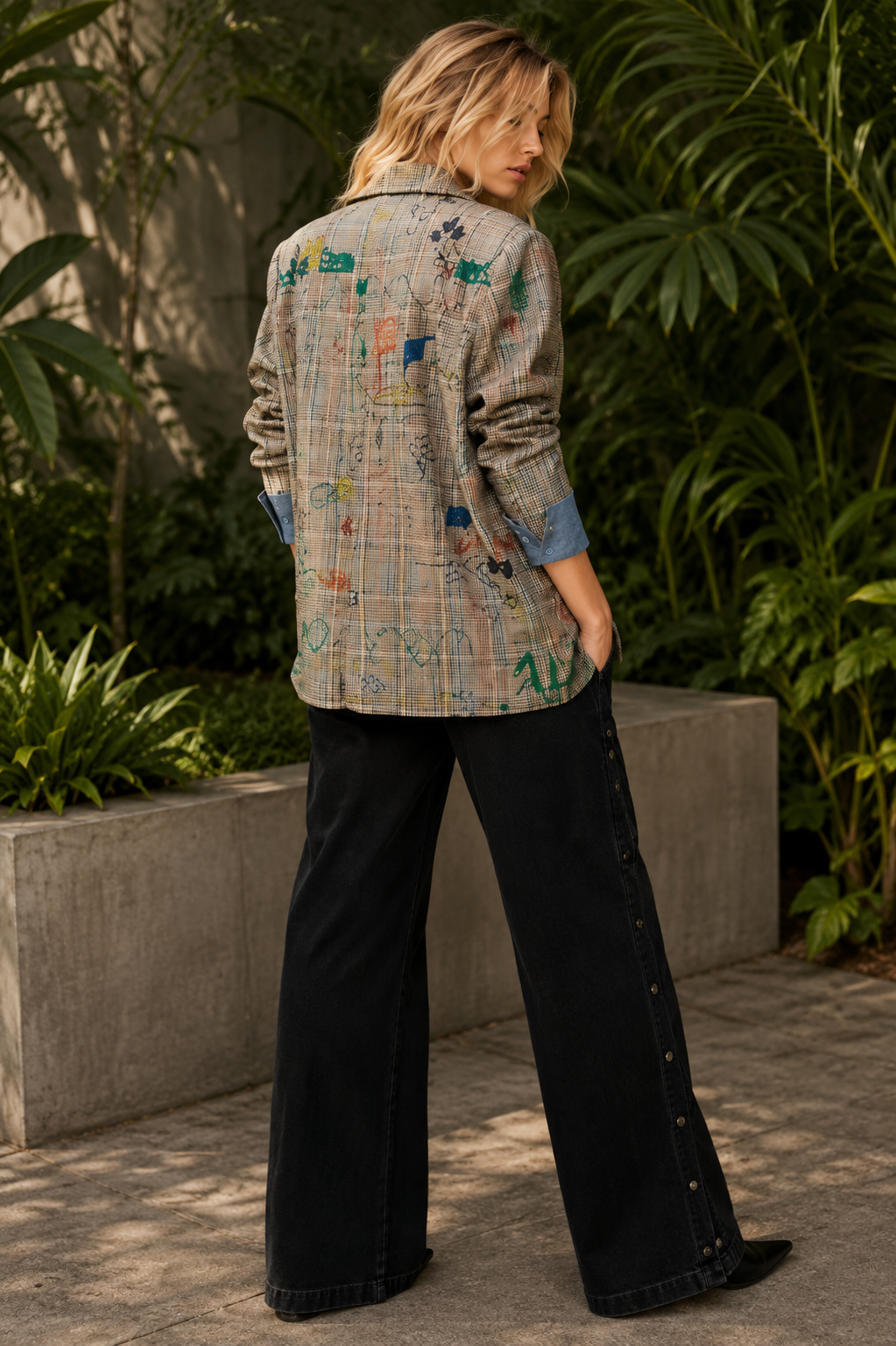 Kira Plaid blazer with playful doodles