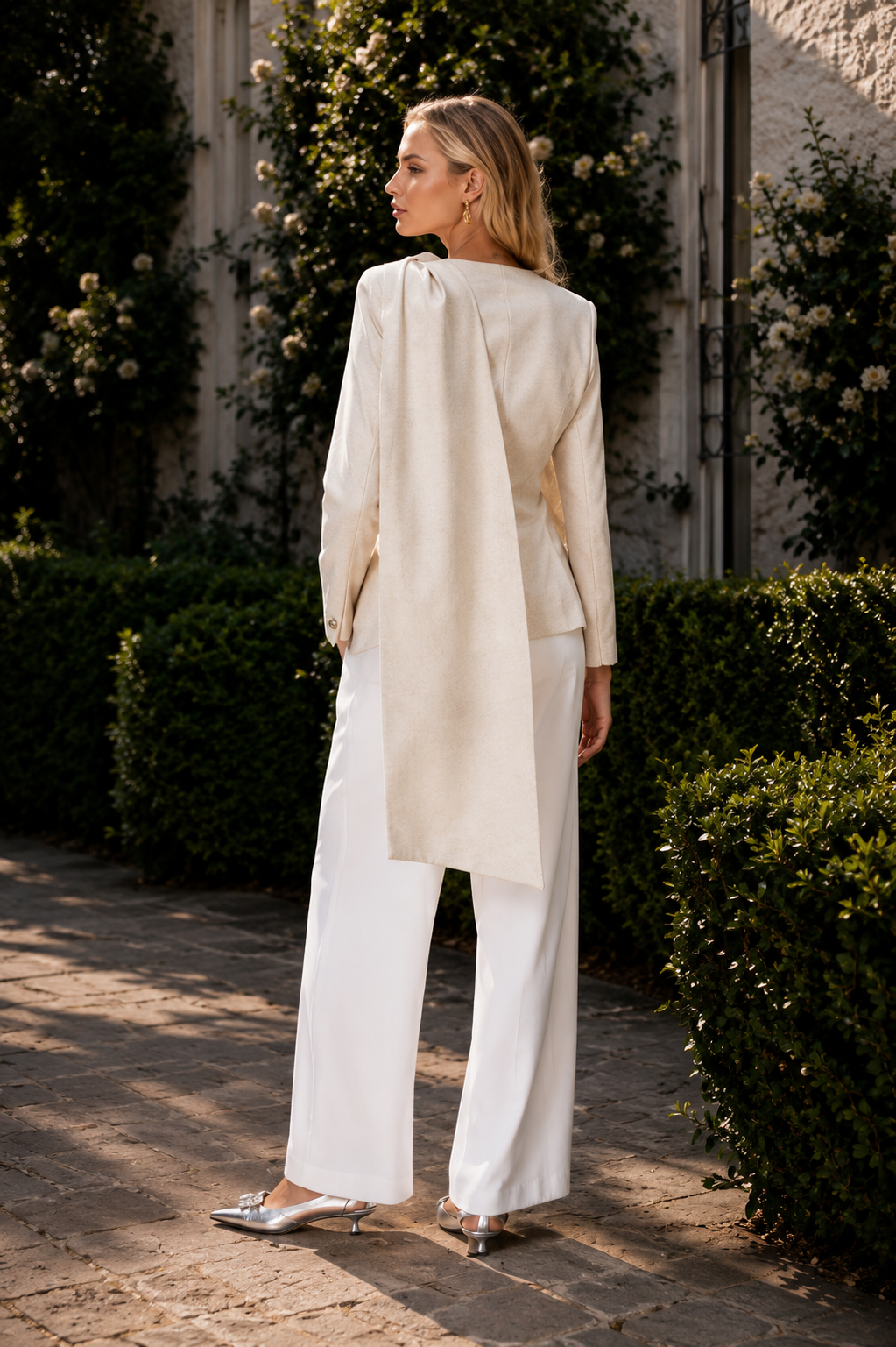 Dorra Beige tailored jacket with cape drape