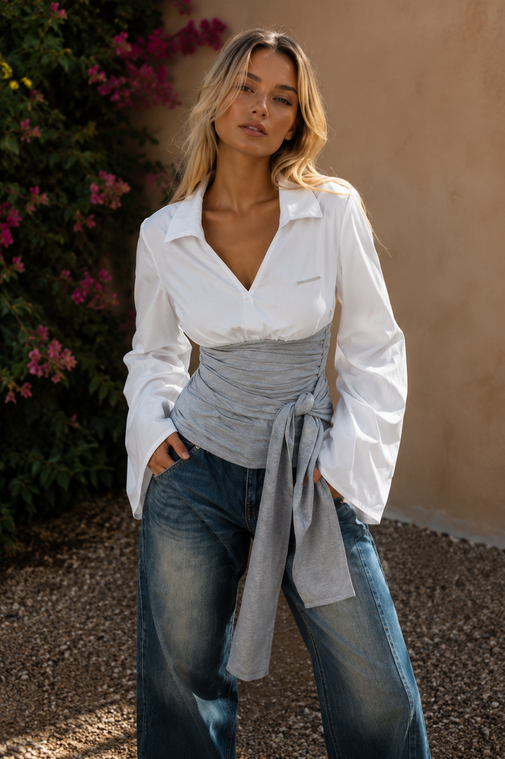 Kira Two-tone blouse with asymmetrical sash
