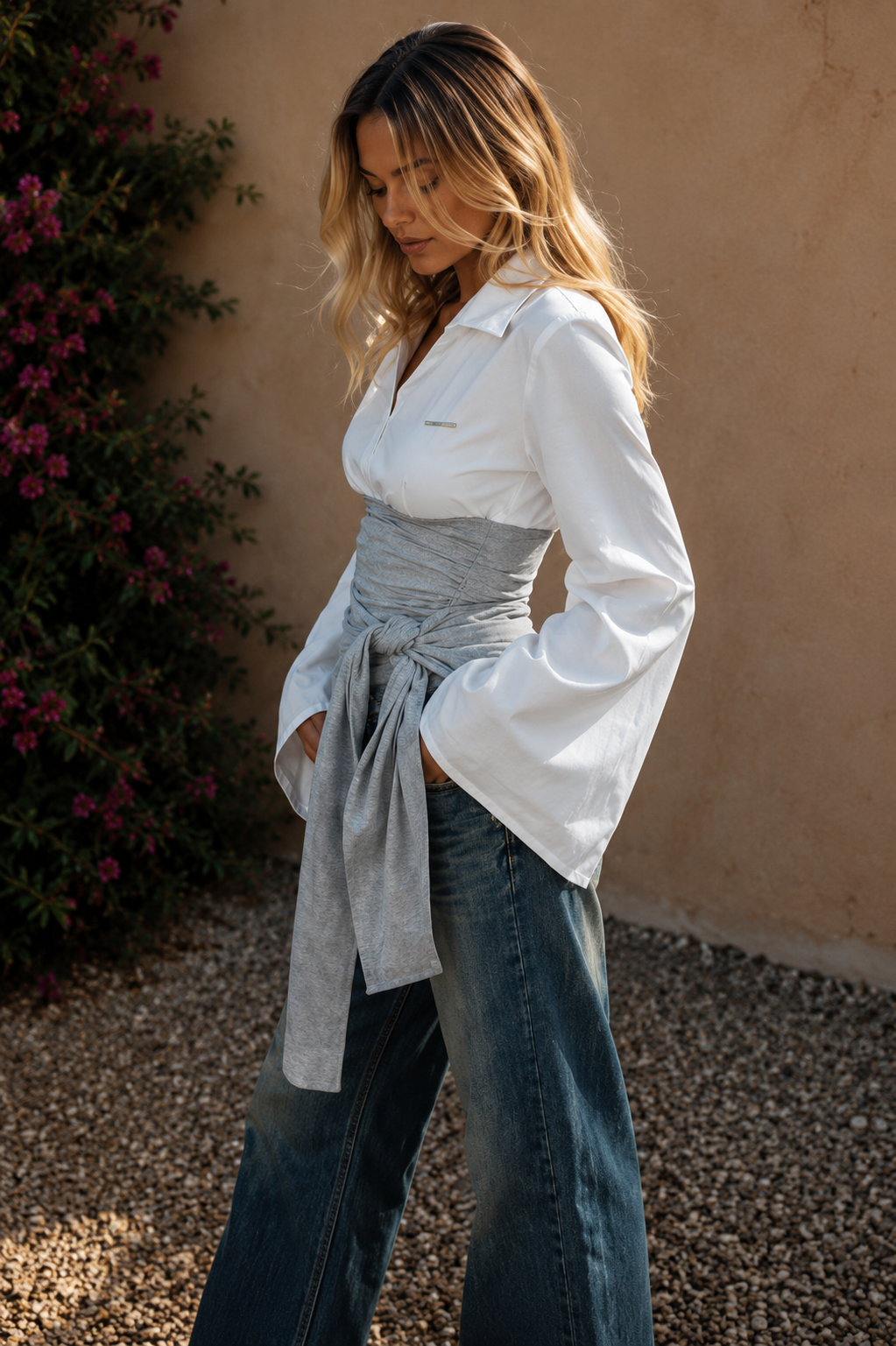 Kira Two-tone blouse with asymmetrical sash