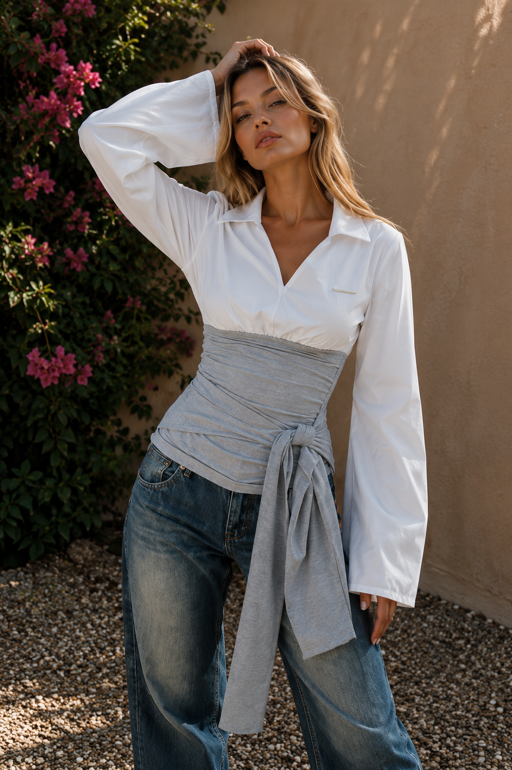Kira Two-tone blouse with asymmetrical sash