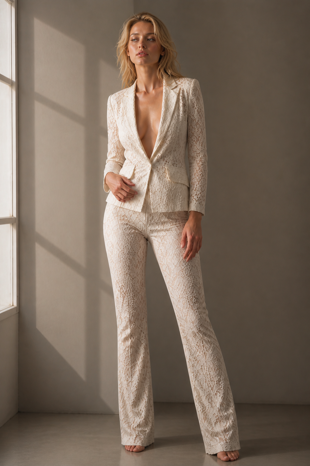 Najla Floral Lace Pants Set In White