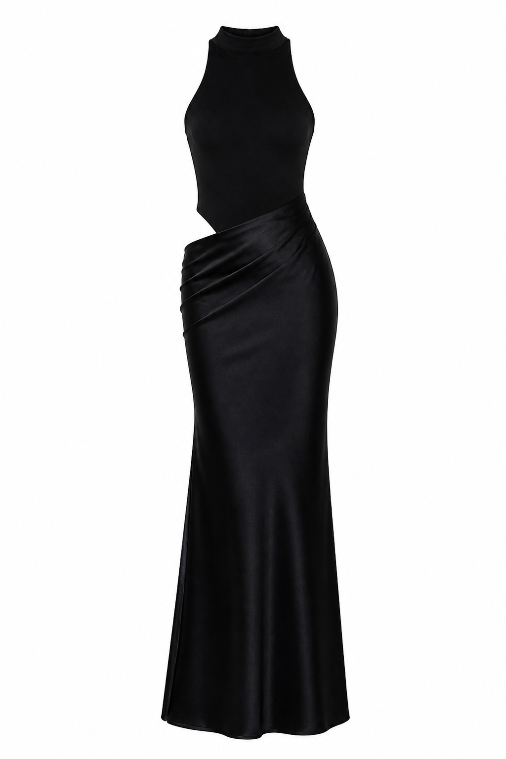 Emna Black Halter Satin Maxi Dress with Draped Waist