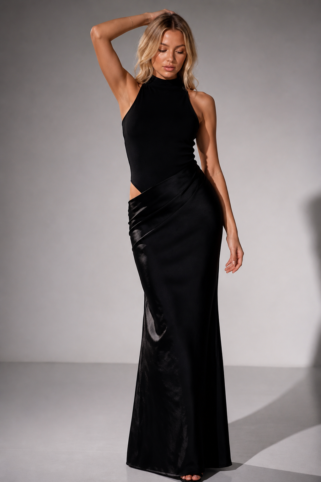 Emna Black Halter Satin Maxi Dress with Draped Waist