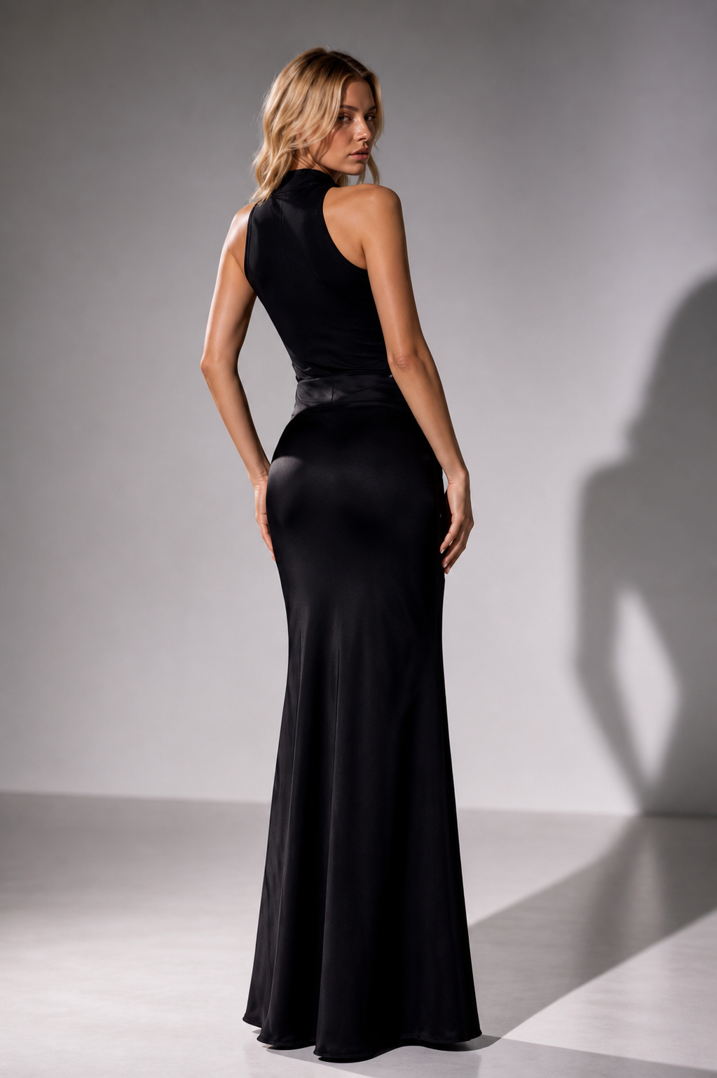 Emna Black Halter Satin Maxi Dress with Draped Waist