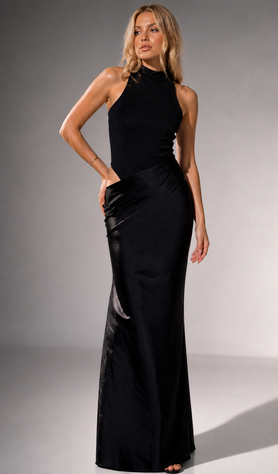 Emna Black Halter Satin Maxi Dress with Draped Waist