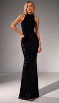 Emna Black Halter Satin Maxi Dress with Draped Waist