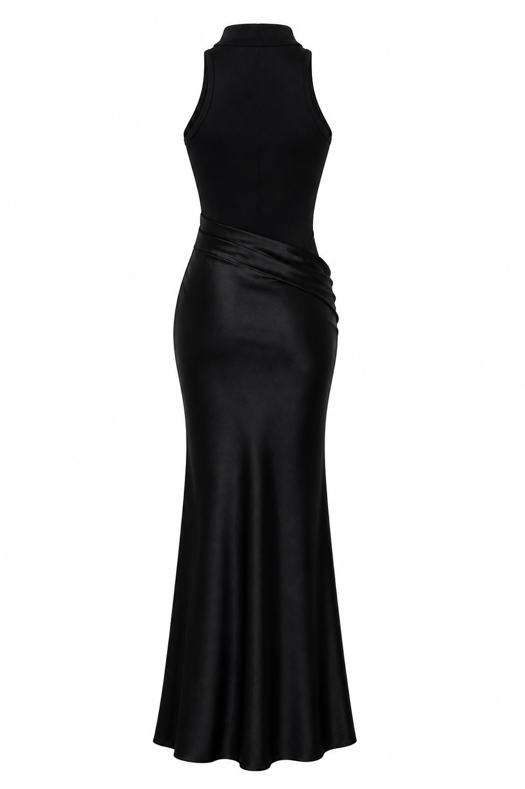 Emna Black Halter Satin Maxi Dress with Draped Waist