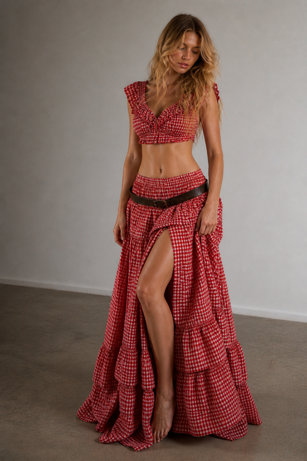 Rahma Red Gingham TwoPiece Ruffle Set