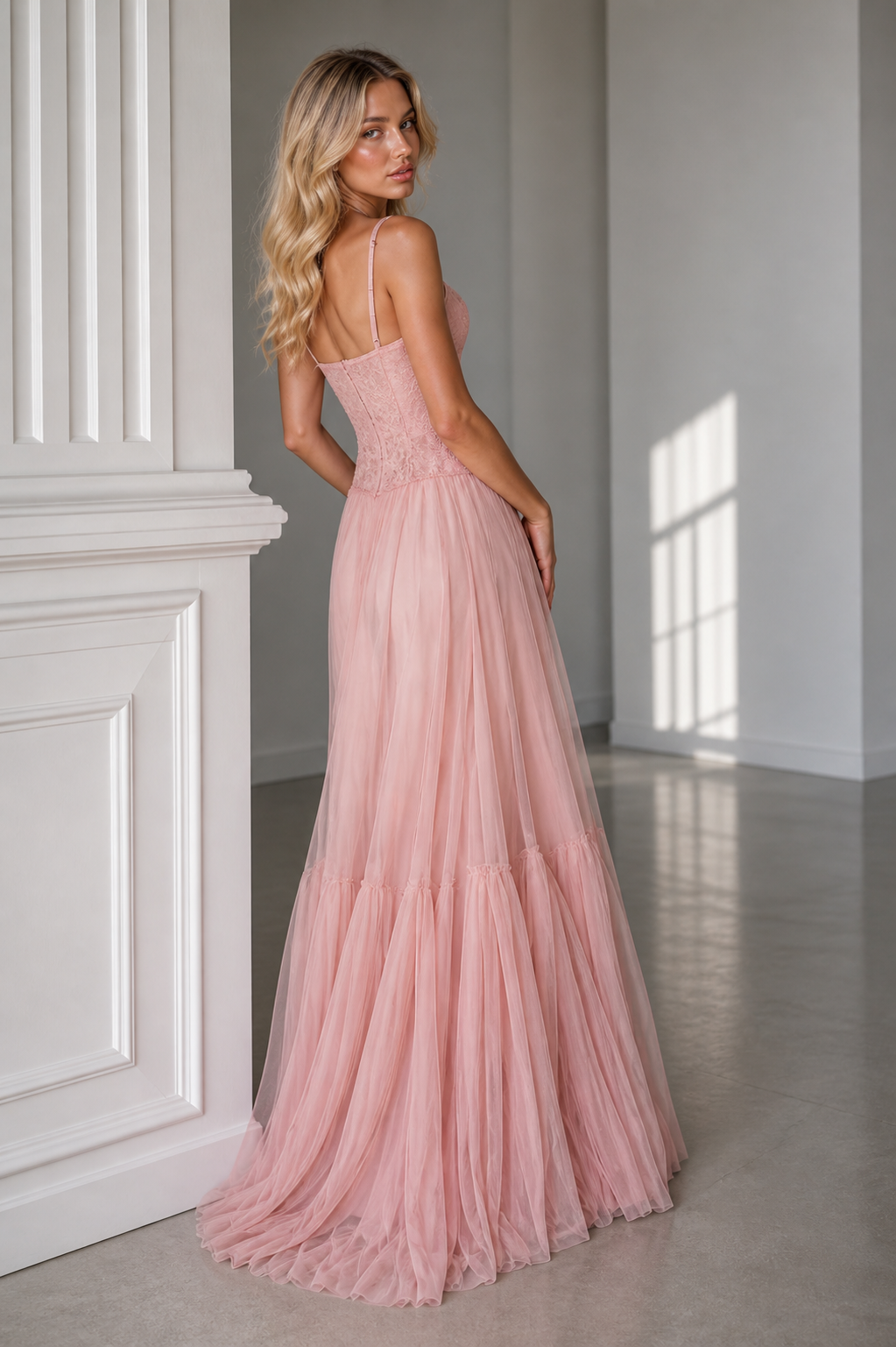 Morjana Elegant blush pink lace gown