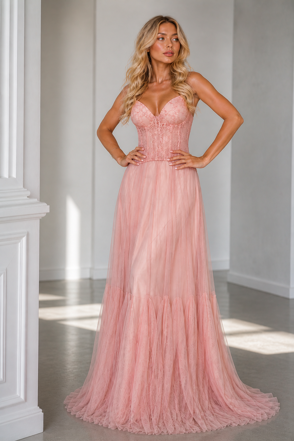 Morjana Elegant blush pink lace gown