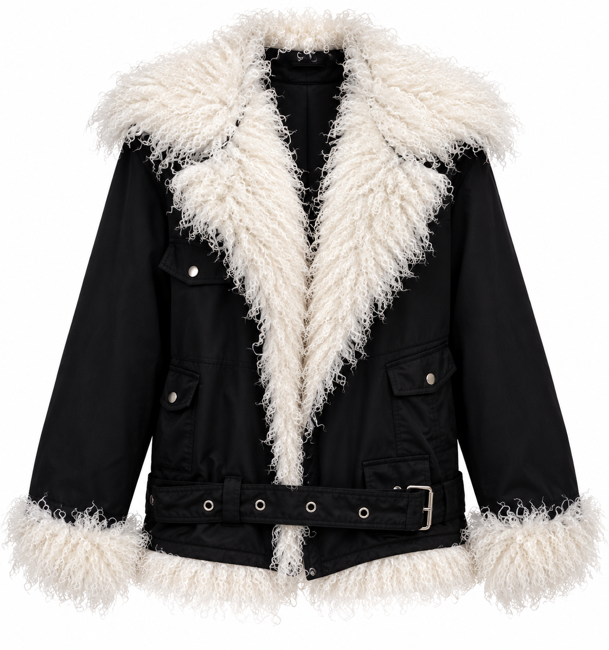 Bianca Black & Ivory Faux Fur Trim Belted Jacket