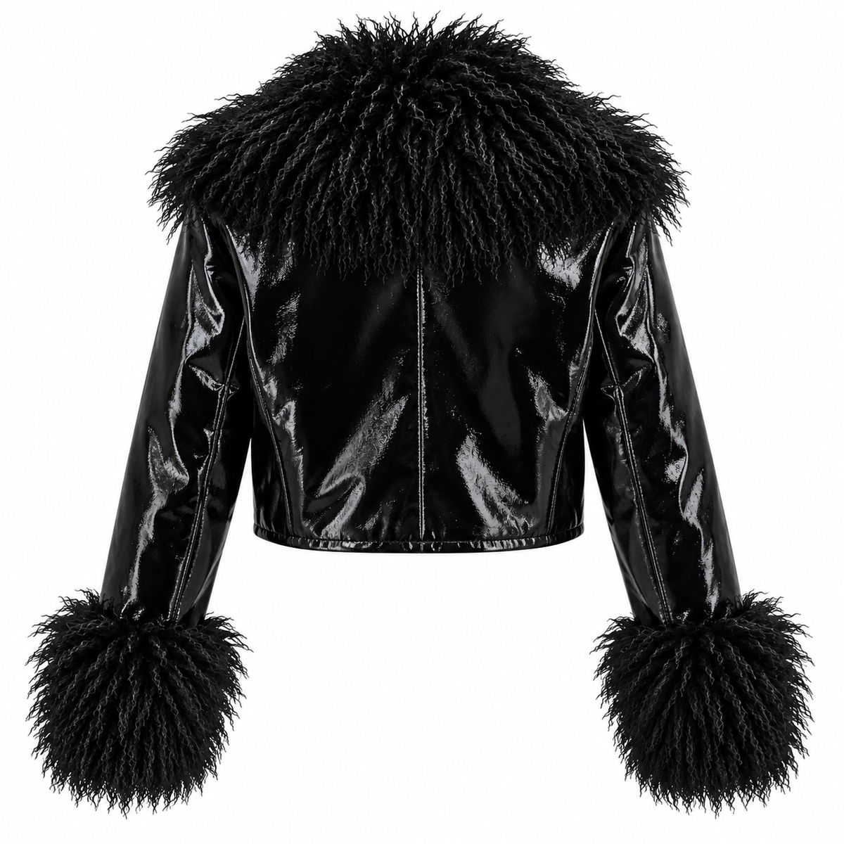 Ravenna Black Faux Fur Trim Patent Cropped Jacket