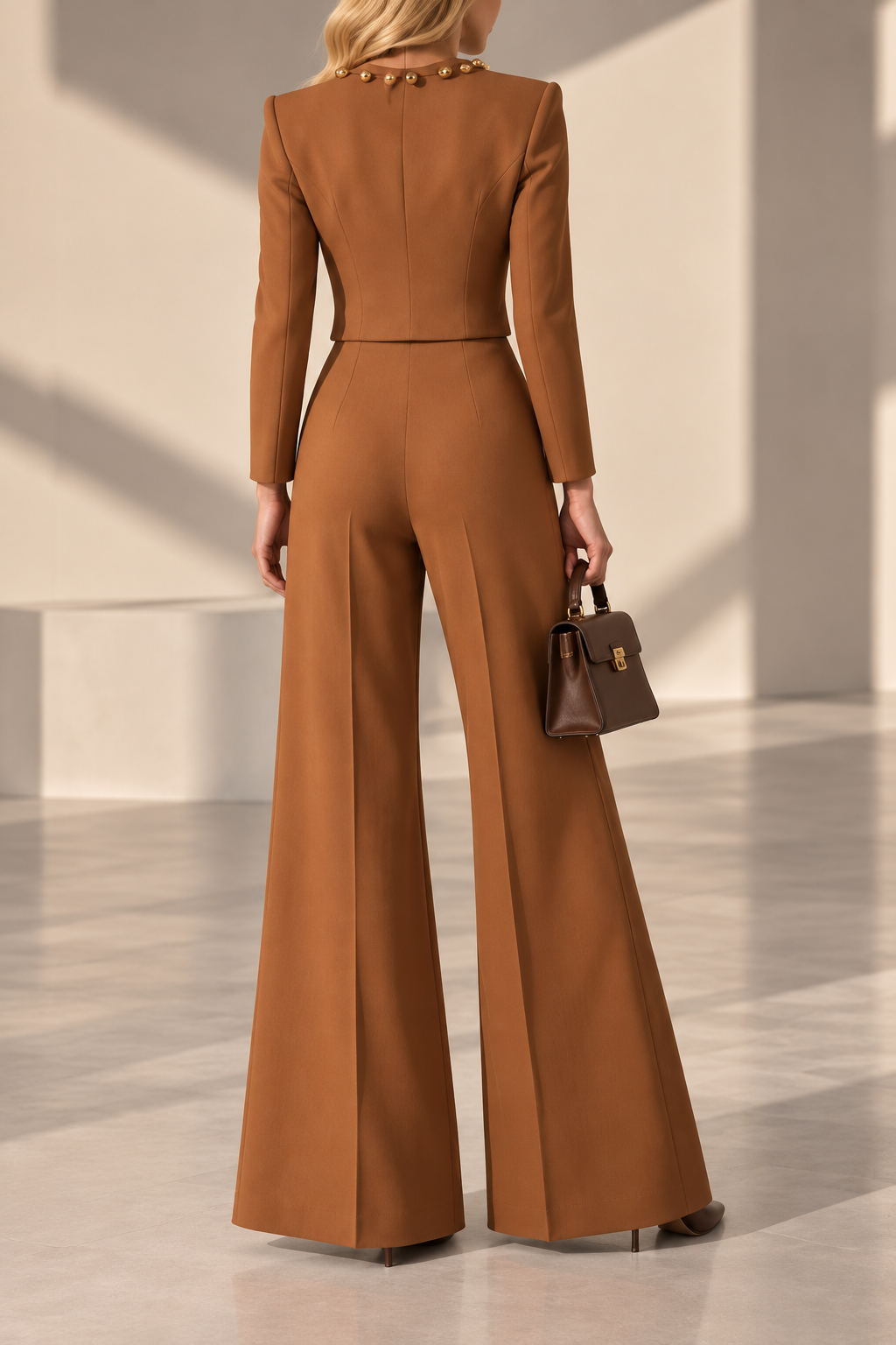 Camilla Caramel Gold Button Cropped Jacket & Wide-Leg Pants Set
