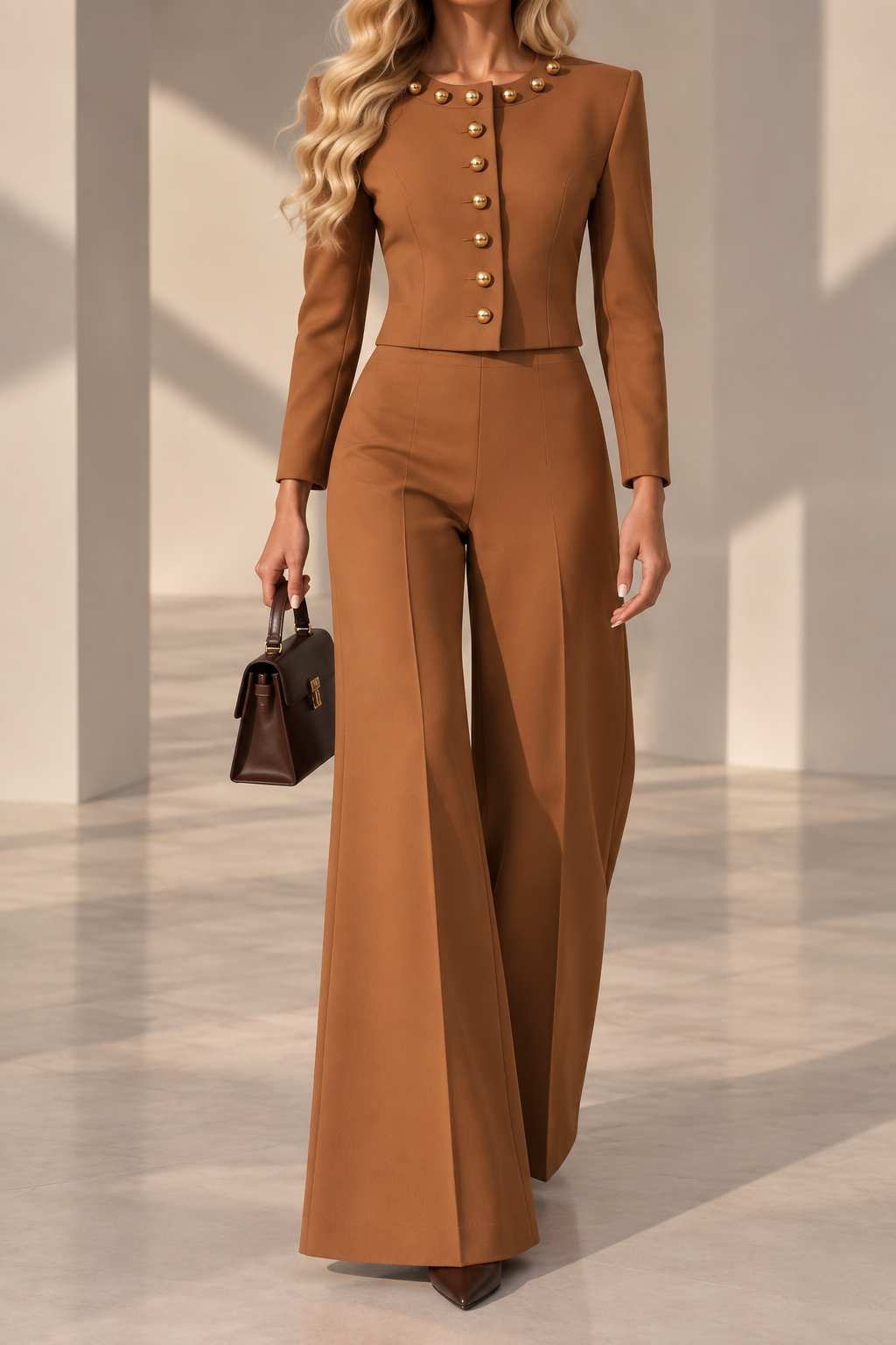 Camilla Caramel Gold Button Cropped Jacket & Wide-Leg Pants Set