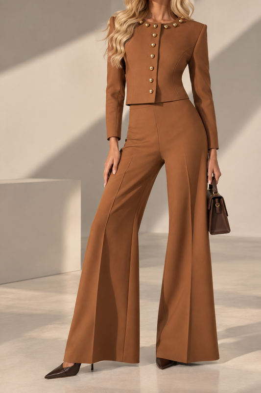 Camilla Caramel Gold Button Cropped Jacket & Wide-Leg Pants Set