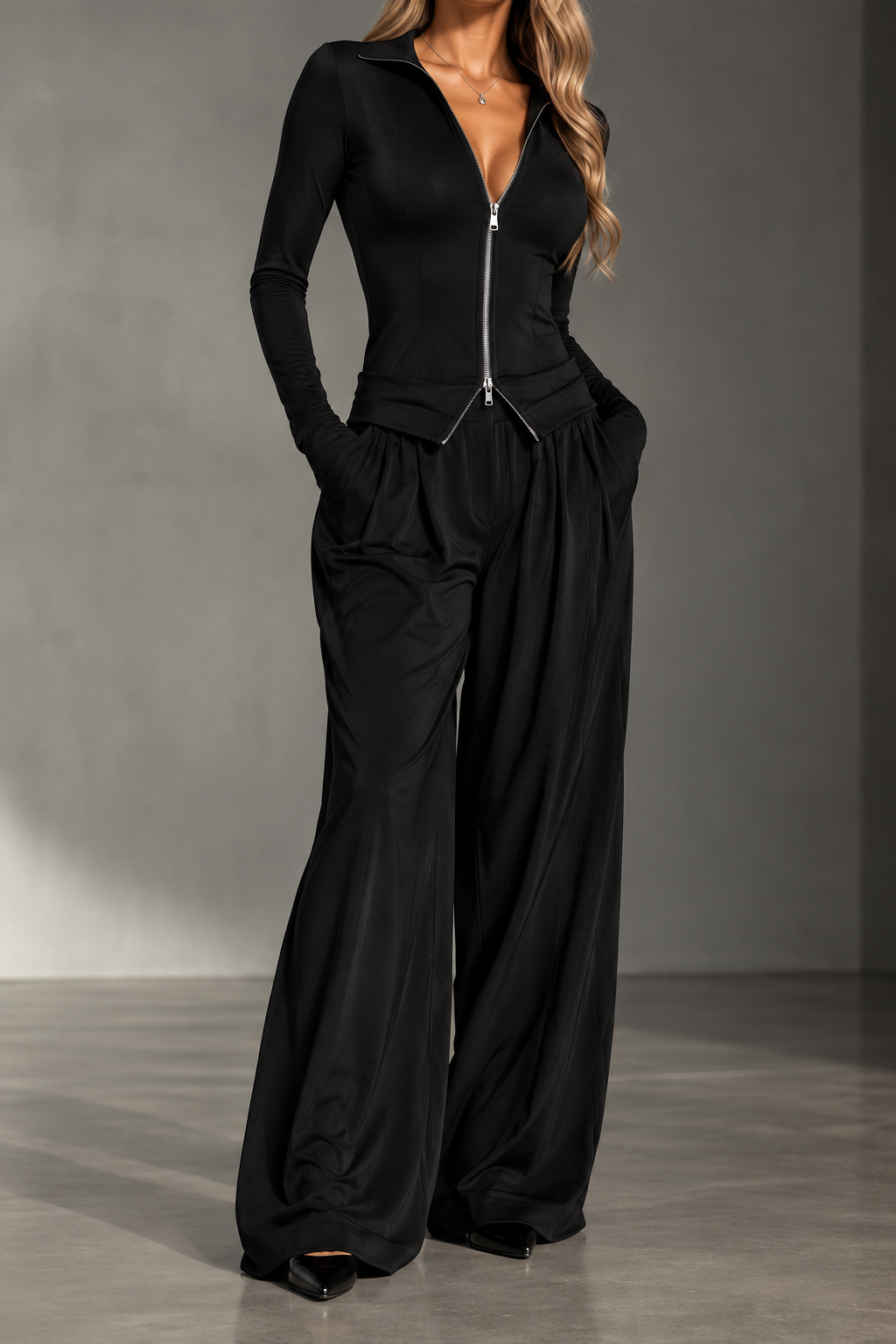 Amara Black Zip-Up Top & Wide-Leg Pants Set