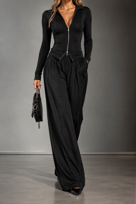 Amara Black Zip-Up Top & Wide-Leg Pants Set