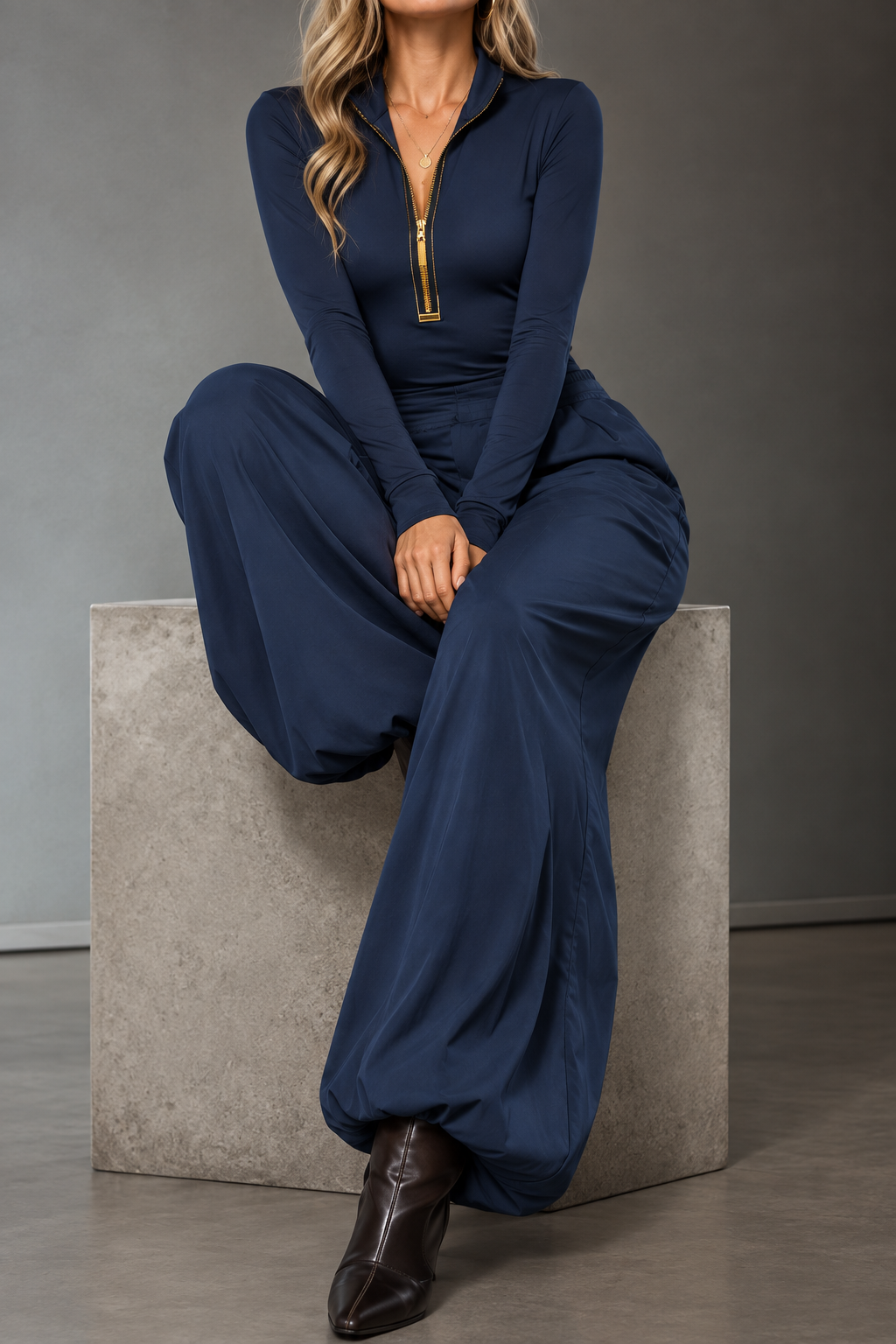 Elara Navy Zip-Up Top & Wide-Leg Pants Set