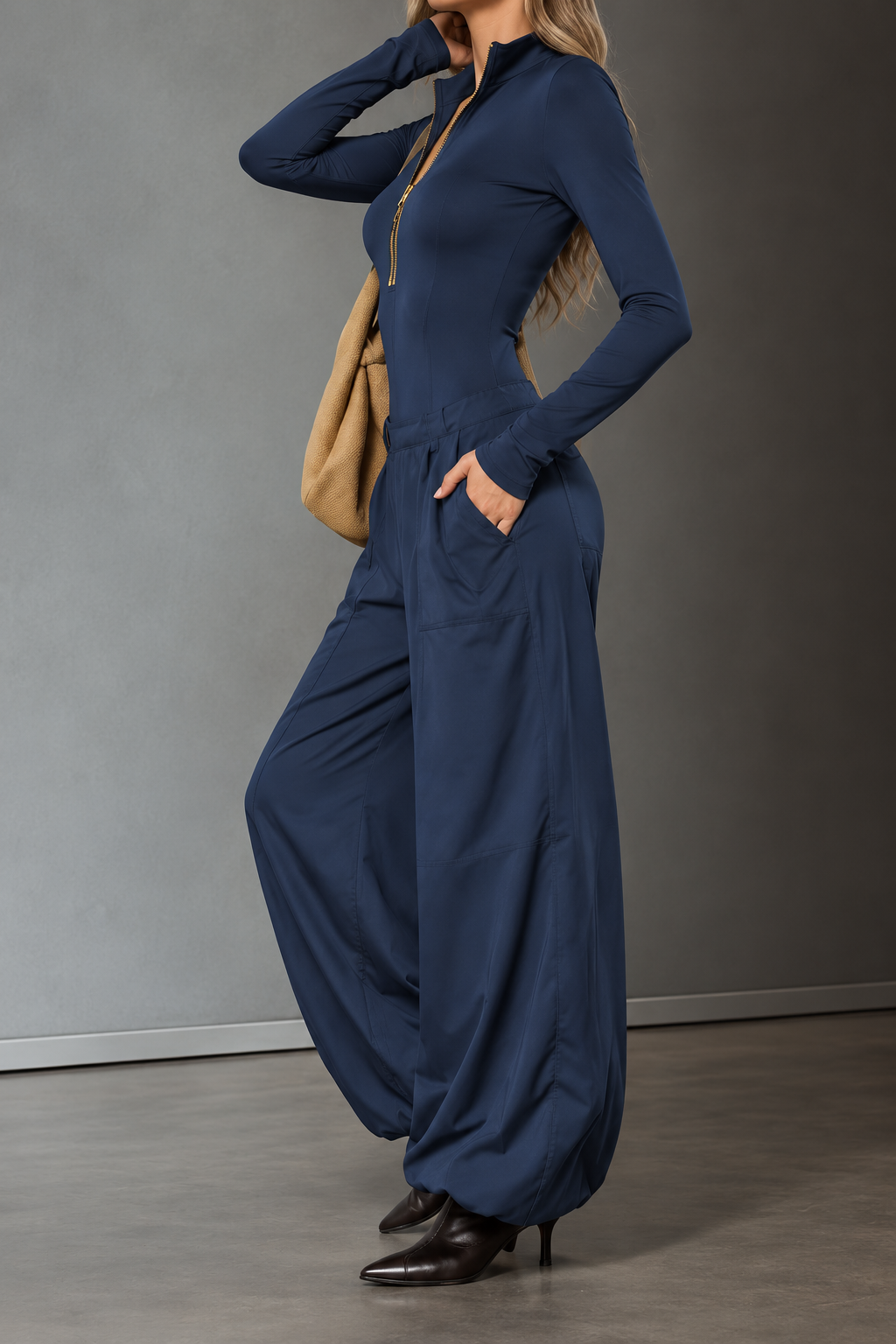 Elara Navy Zip-Up Top & Wide-Leg Pants Set