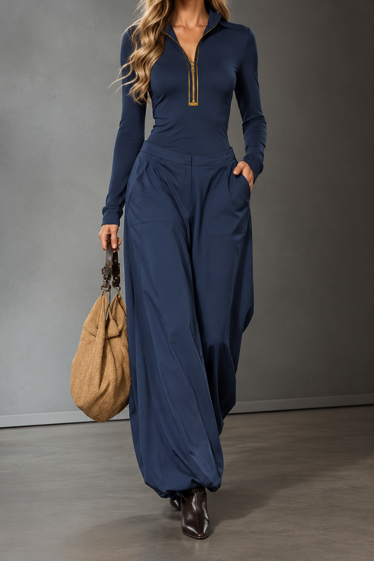Elara Navy Zip-Up Top & Wide-Leg Pants Set