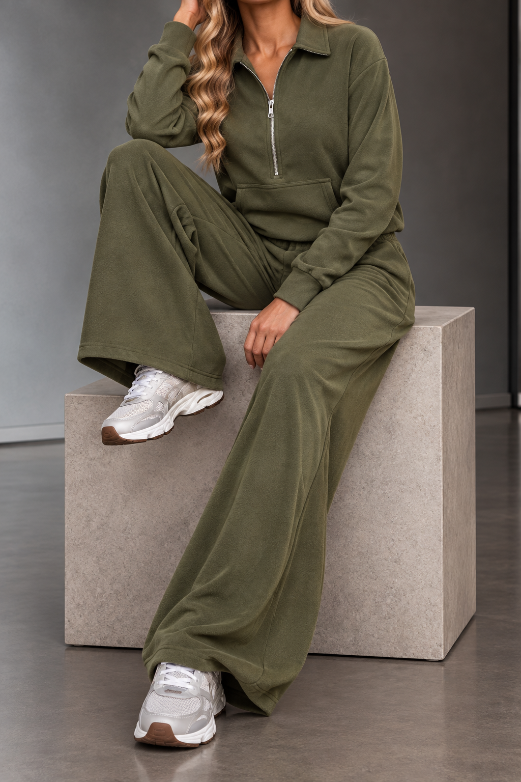 Olivia Olive Half-Zip Top & Wide-Leg Pants Set